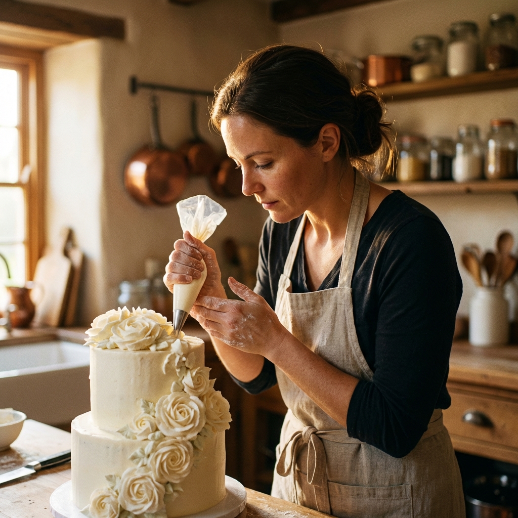 Confeiteira decorando bolo